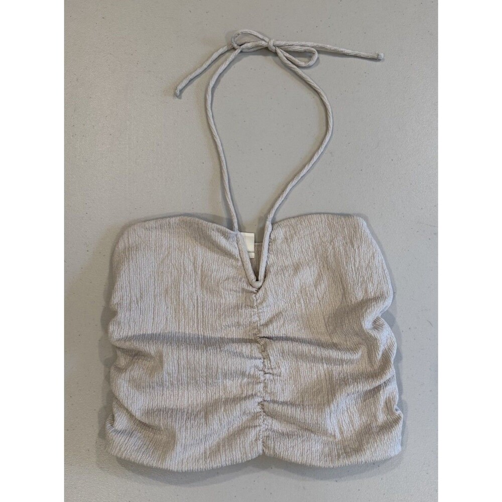 H&M Crop Halter Tie Top Medium Beige Stretch Travel Minimal Coastal Vacation